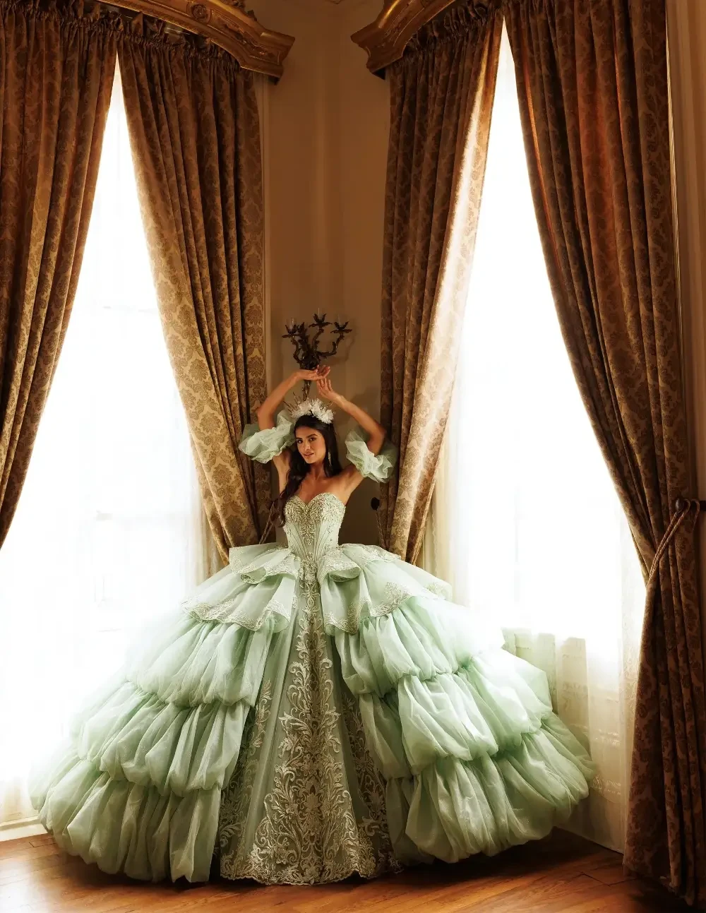 Model wearing a Vizcaya by Morilee collection quince gown