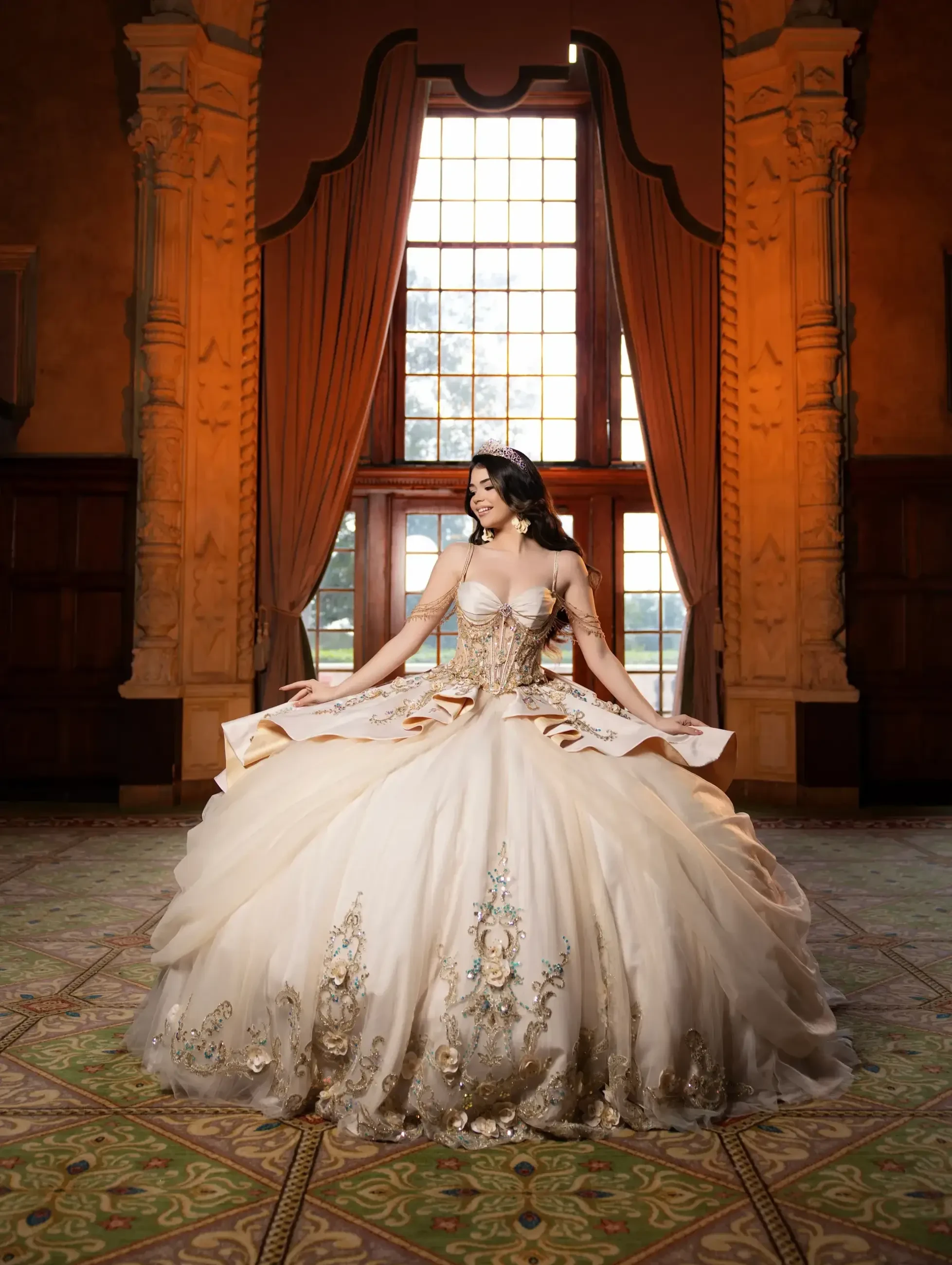Model wearing quince gown